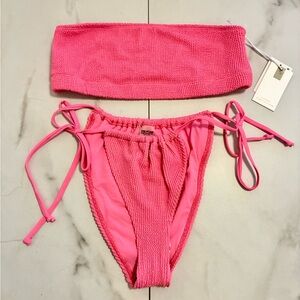 Nwt Good American Hot Pink Textured Ribbed Bikini Set Strapless Top